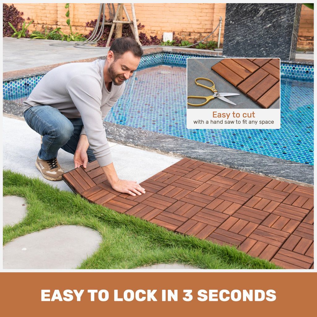 Acacia Wood Interlocking Deck Tiles Checker Pattern