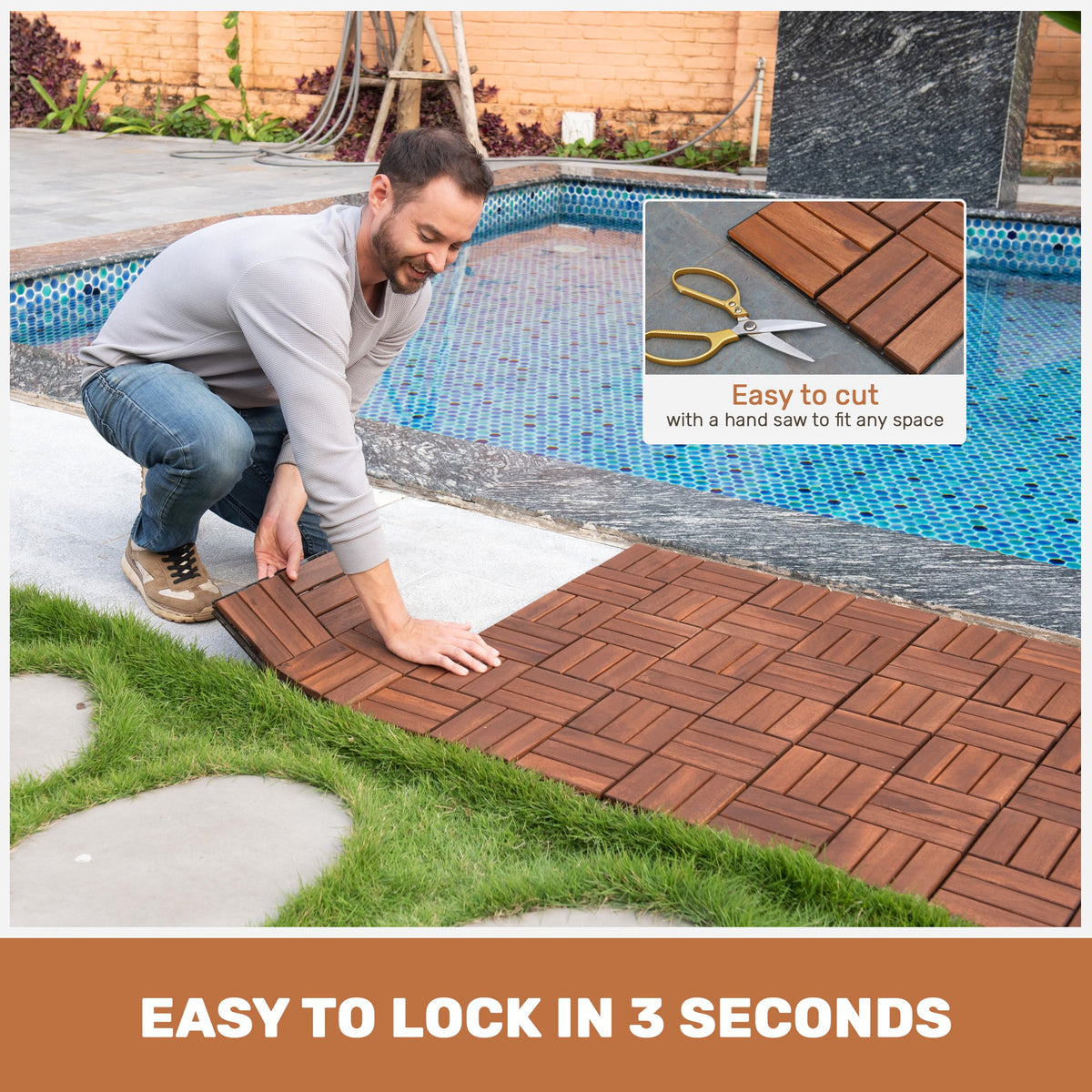 Acacia Wood Interlocking Deck Tiles Checker Pattern