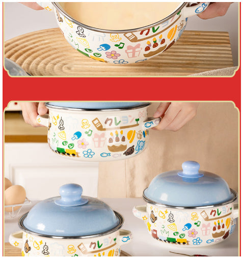 Double-handled Enameled Instant Noodle Bowl With Lid, Heat-resistant Oil Can