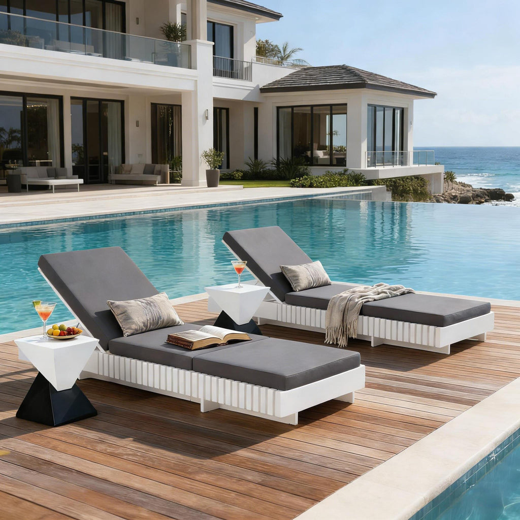 White Acacia Solid Wood Outdoor Chaise Lounge with Dark Cushions