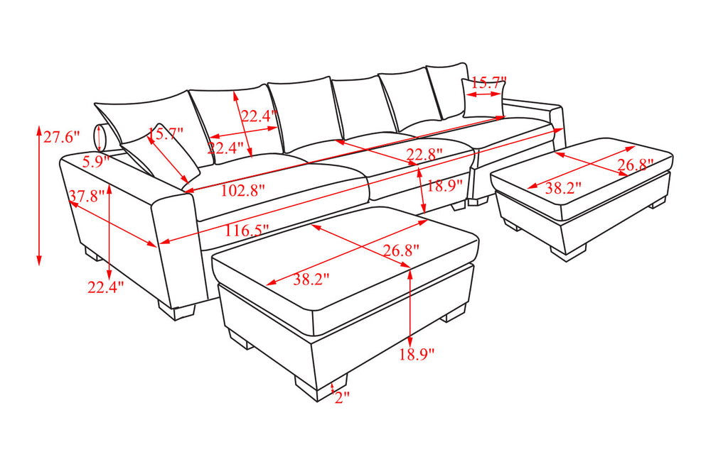 Modular Sectional Sofa - 5 Seater Oversized Convertible L & U Shaped Couch