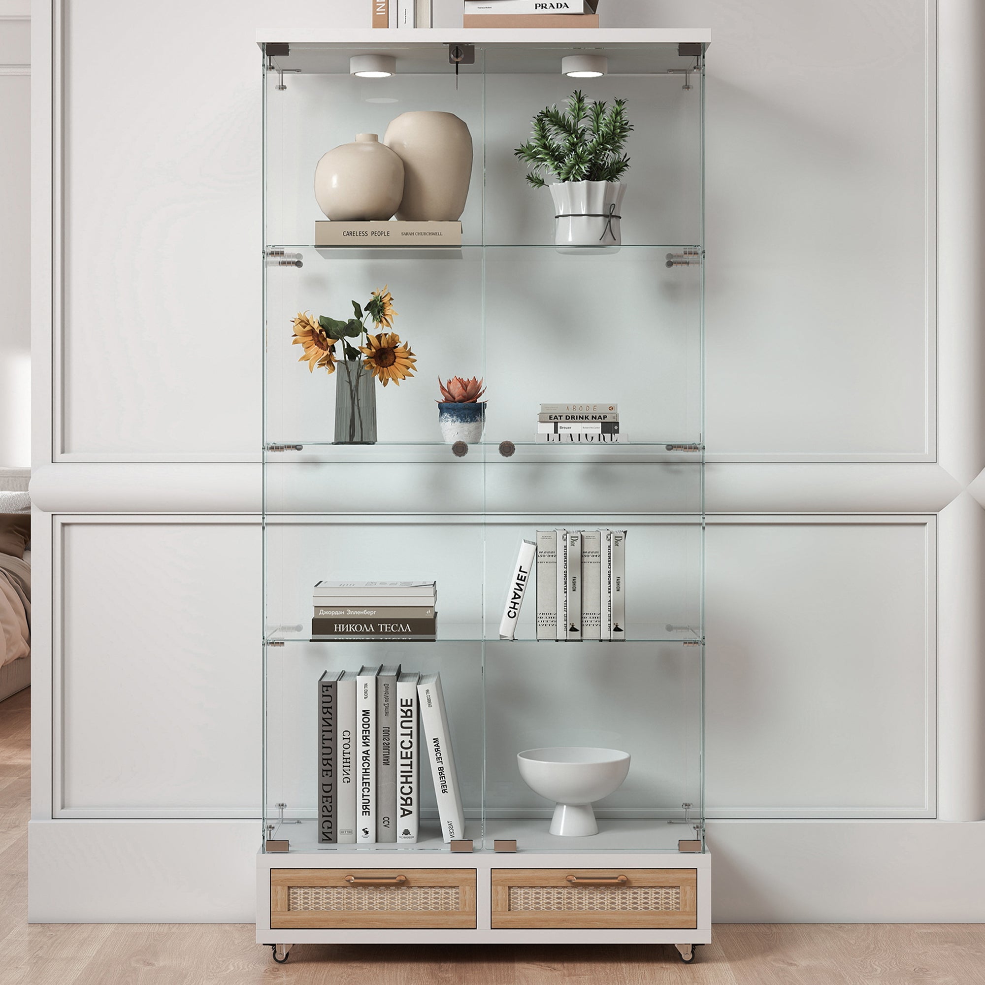 Modern Glass Display Cabinet with Large Drawers