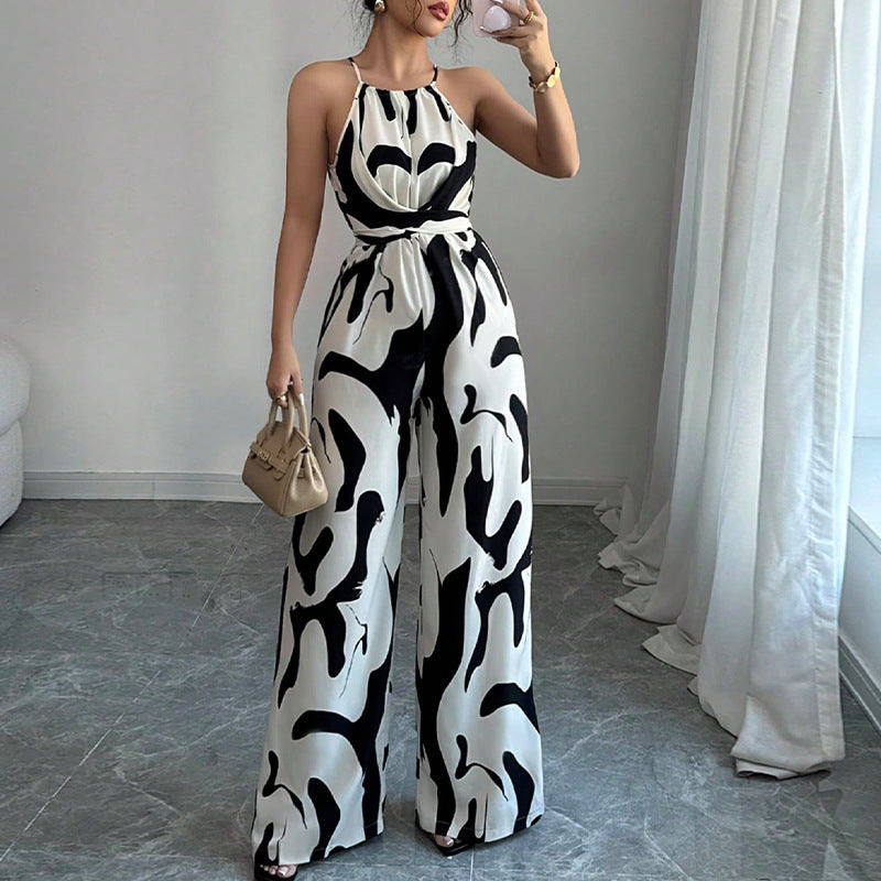 Cross-Border Foreign Trade Halter Neck Jumpsuit  Summer European And American Style Milk Pattern Tie-Up Halter Jumpsuit For Women