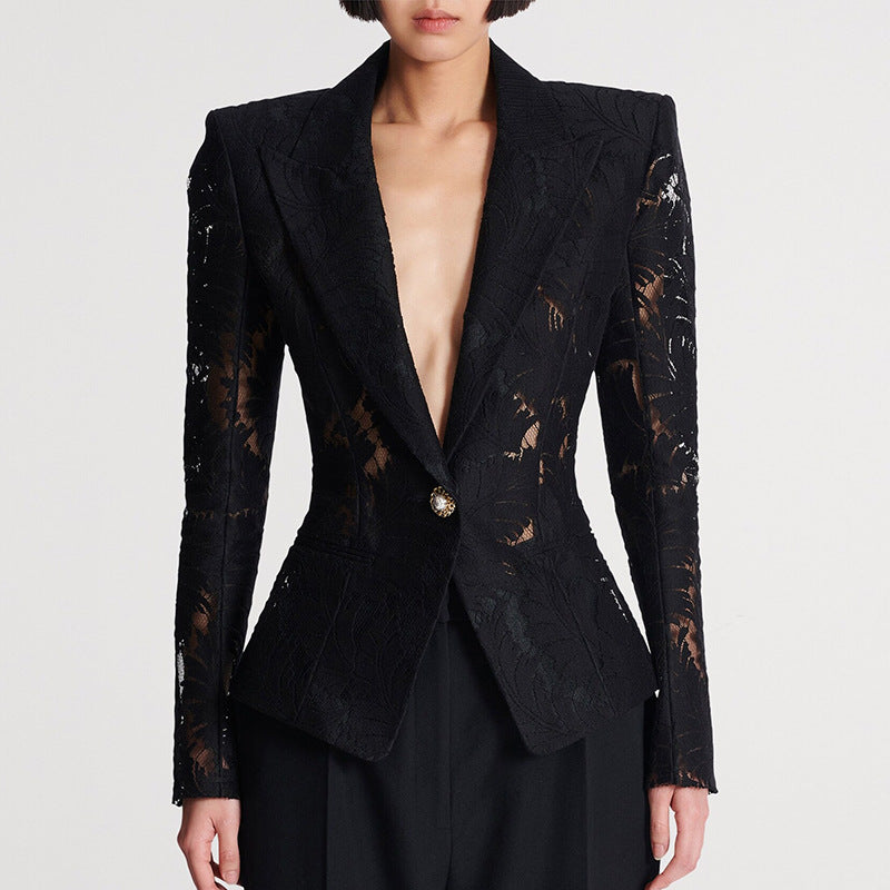 Sheer Leaf Jacquard Single Button Cropped Blazer Jacket