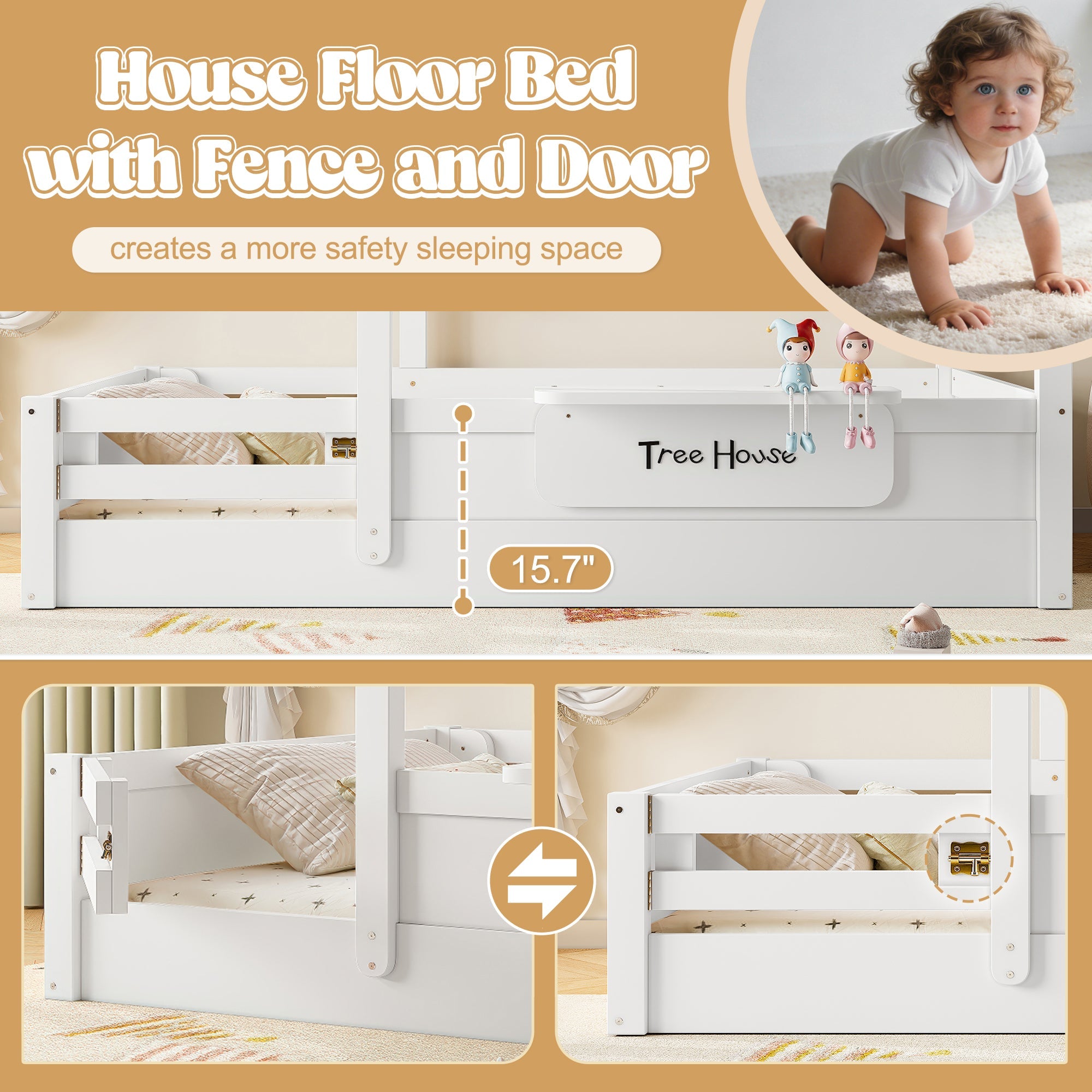 Twin Size Floor Bed with Guardrails and Roof