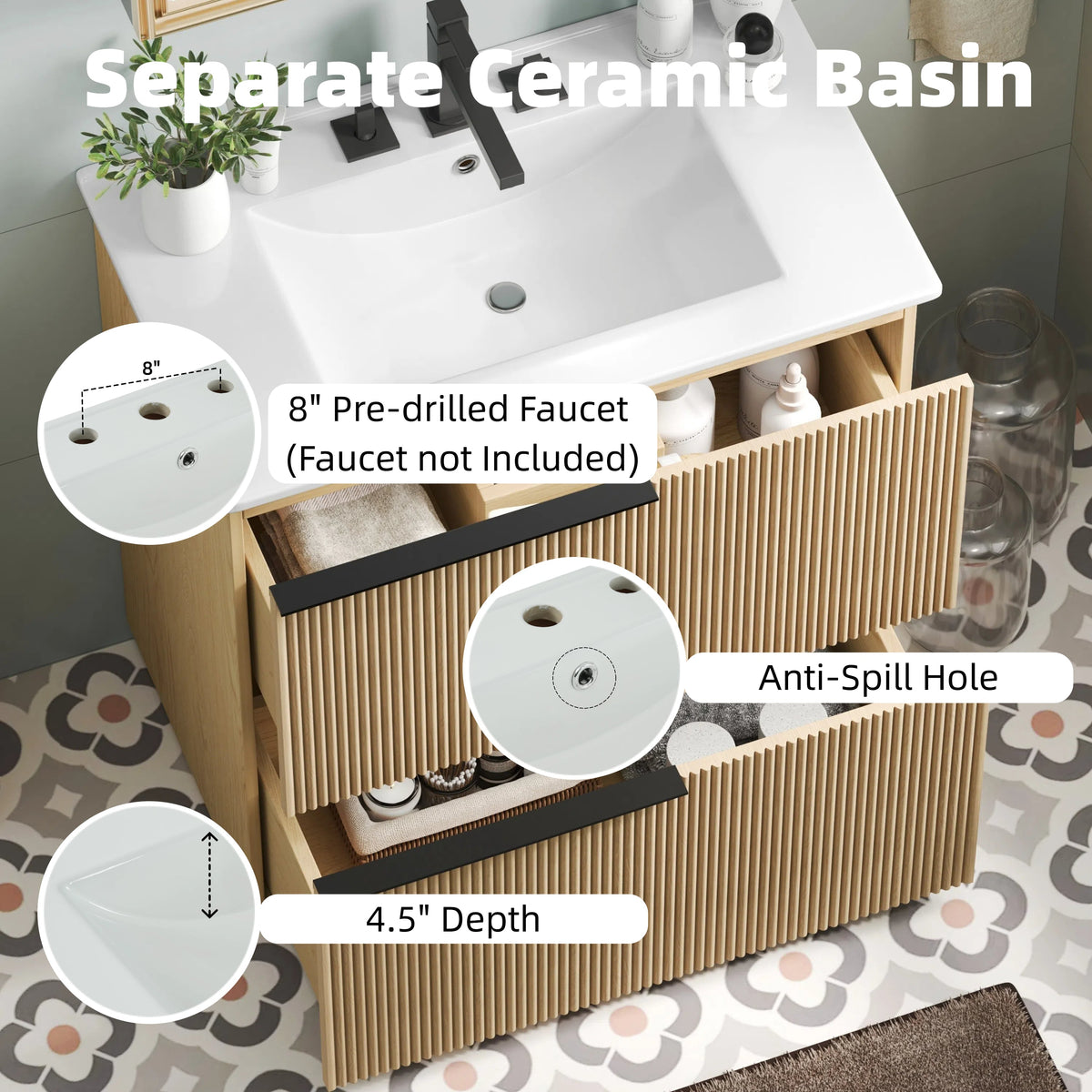 30" Bathroom Vanity with Ceramic Sink and Full-Extension Drawers