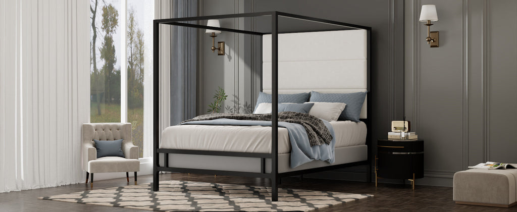 Modern Canopy Bed with Velvet Upholstered Headboard