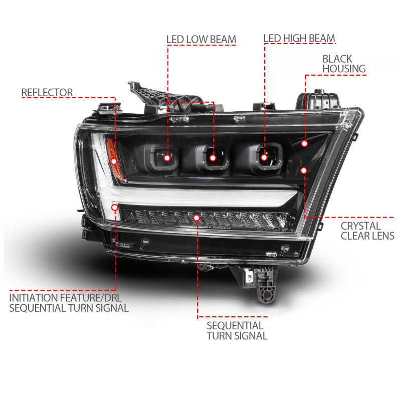 ANZO 19-24 RAM 1500 (New Body/OE Halogen) Full LED Proj Headlights DRL/SeqSig Black - Pass. Side 111628A-R