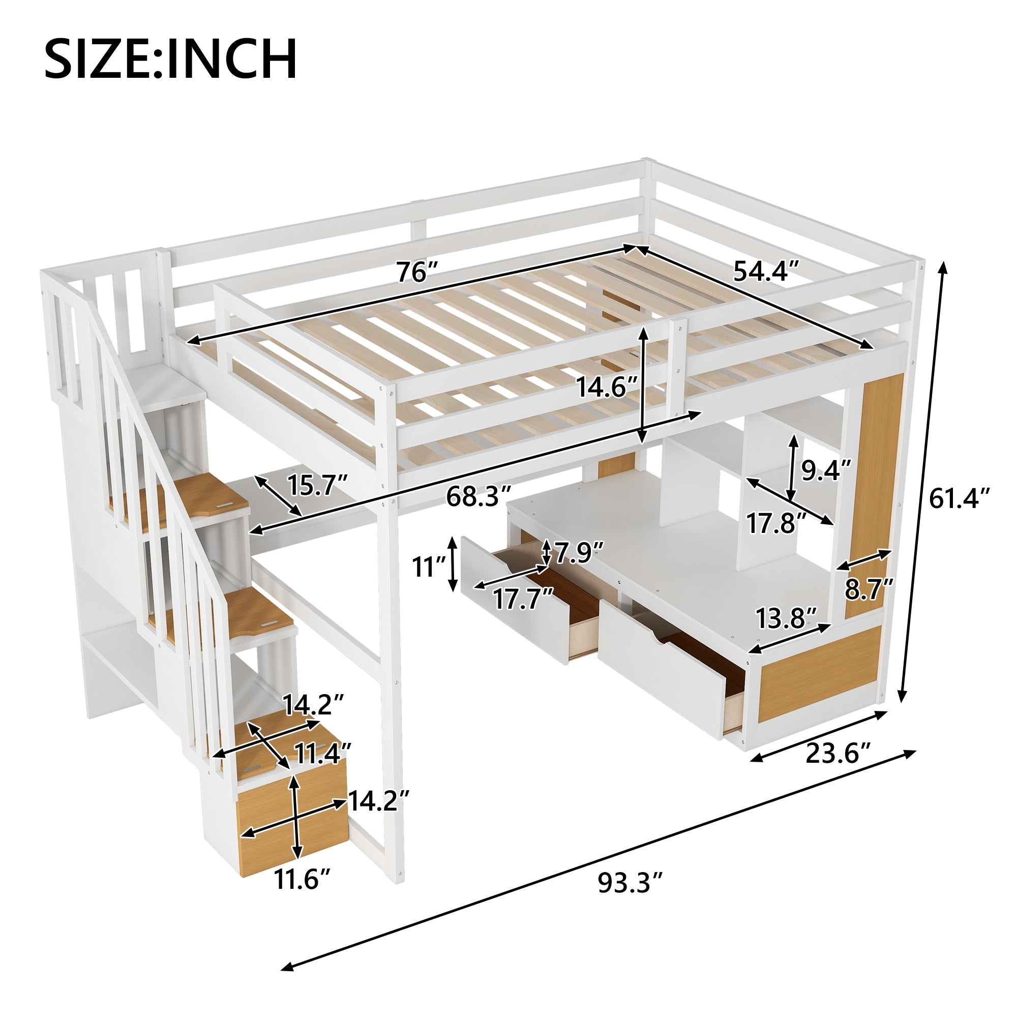 Full Size Loft Bed With Desk And Shelves, Two Built-in Drawers, Storage Staircase