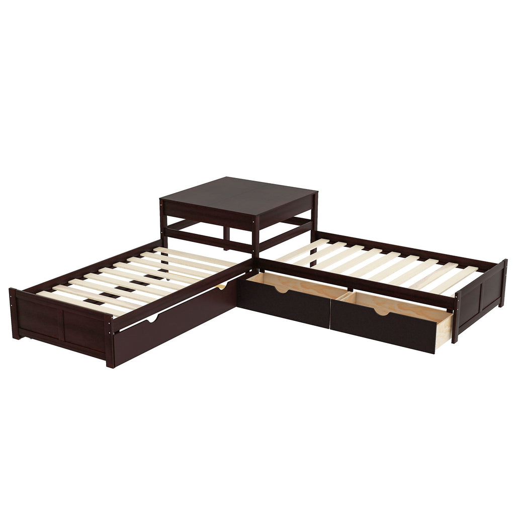 L-Shaped Platform Bed with Trundle and Built-in Desk