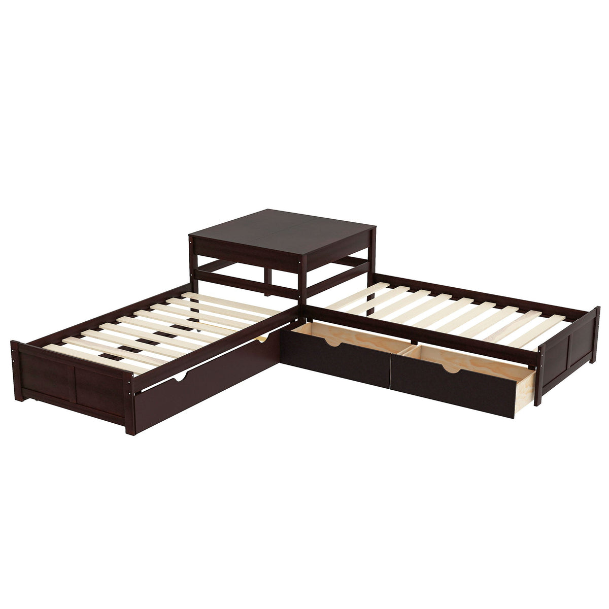 L-Shaped Platform Bed with Trundle and Built-in Desk