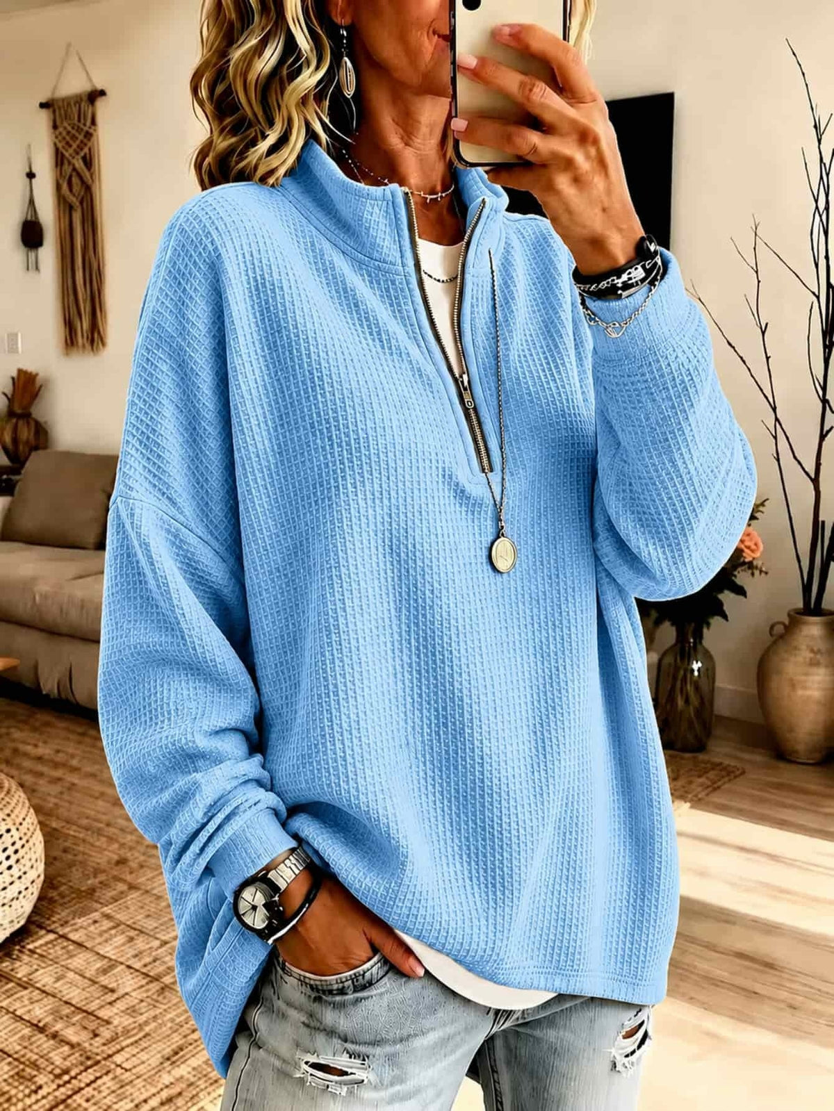 Womens Zip-up Half-neck Waffle-knit Hoodie Loose-fit Top
