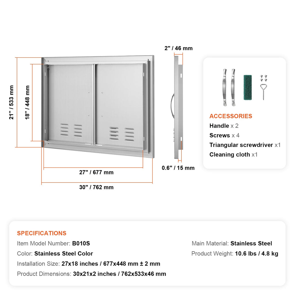 BBQ Access Door, 30W x 21H Inch Double Outdoor Kitchen Door