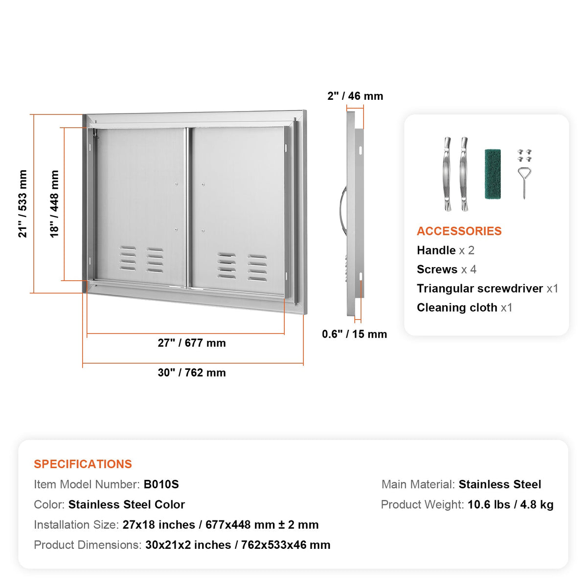 BBQ Access Door, 30W x 21H Inch Double Outdoor Kitchen Door