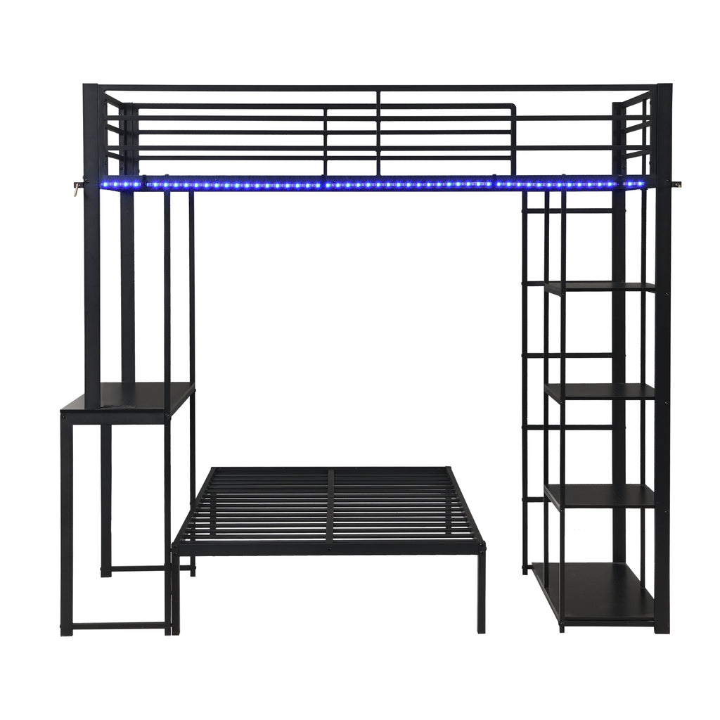Metal Loft Bed Frame with LED Light Strip, Side Storage Shelves & Built-in Desk