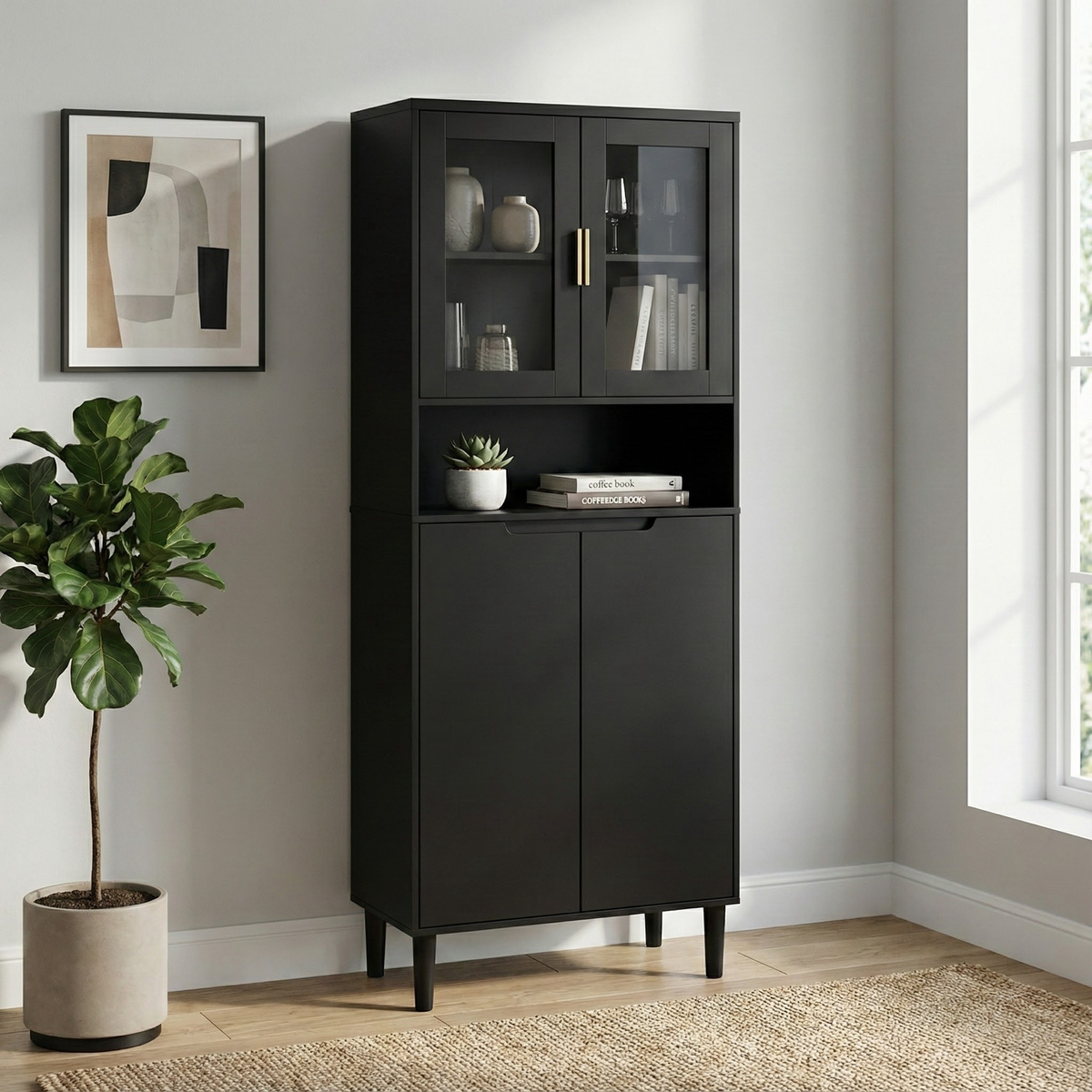 Tempered Glass Door Tall Storage Bookcase