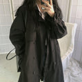 Women Black Trench Coat Mid Length Double Breasted Waist