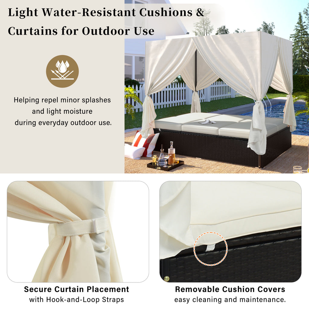 U_Style Outdoor Double Chaise Lounge Daybed with Curtains