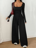 European And American Women's Clothing For Spring And Autumn, New Amazon Cross-border Women's Simple Style Solid Color Casual Long-sleeve Wide-leg Jumpsuit