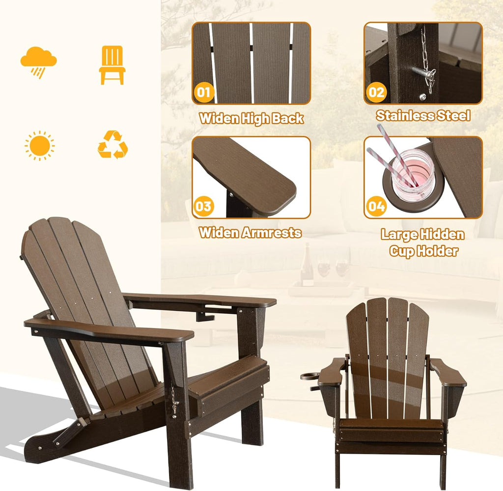 Folding HDPE Adirondack Chair with Cup Holder - Brown