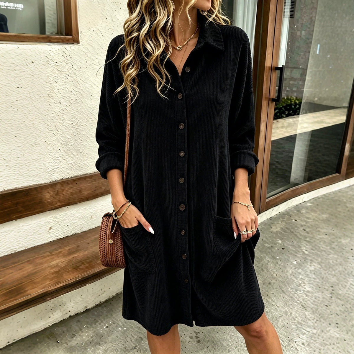 Autumn New Womens Corduroy Shirt Dress With A Turn-down Collar And Single-breasted Design