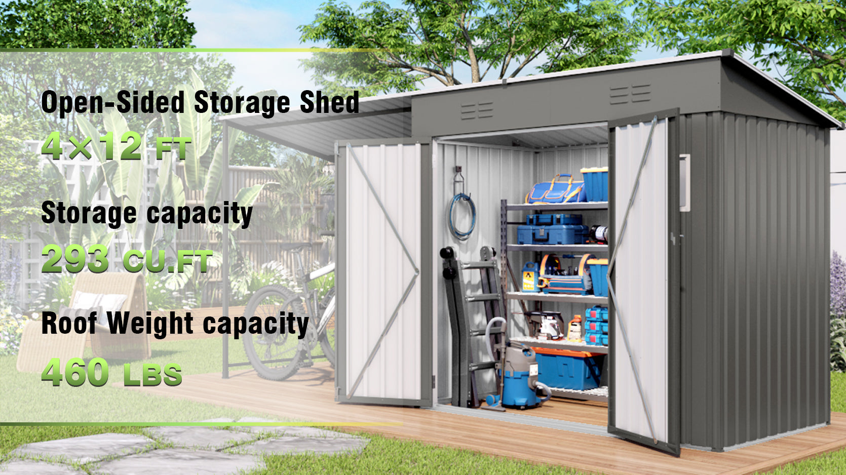 12x4ft Metal Lean to Shed with Open-Sided Pergola