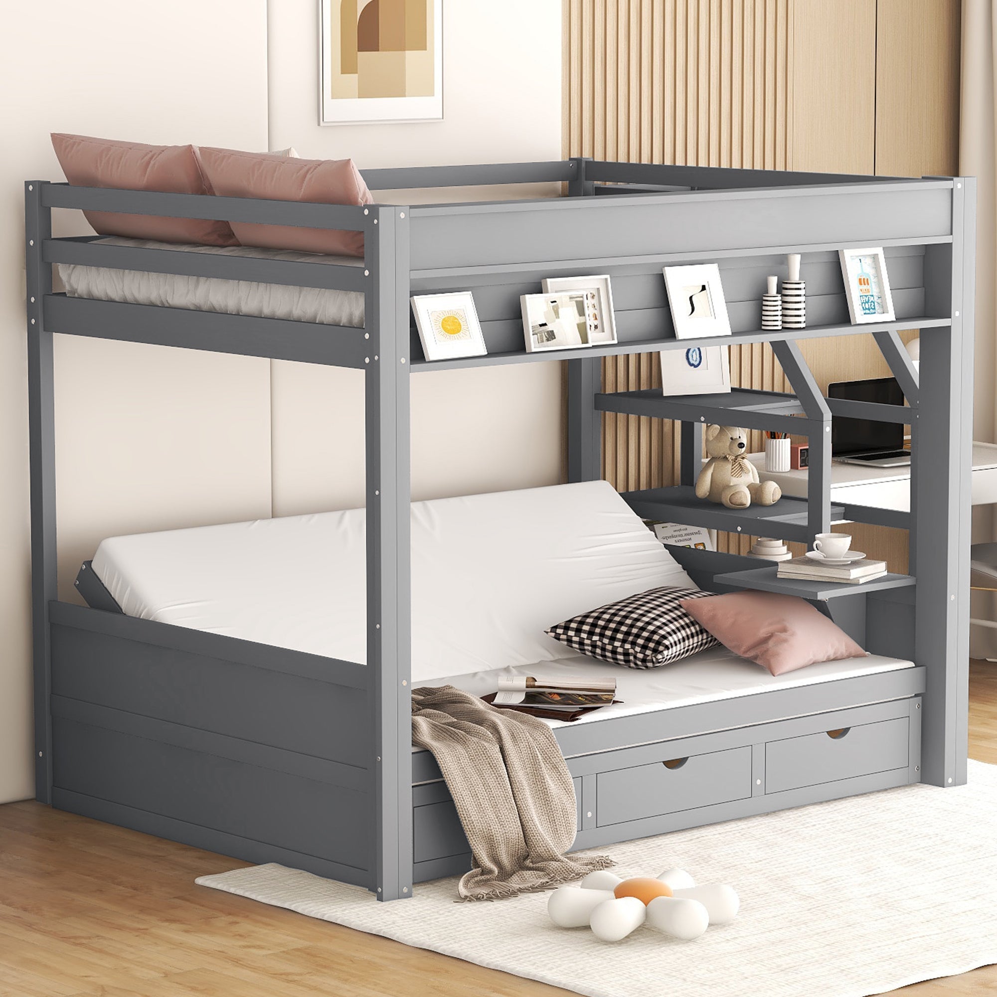 Wood Full Size Convertible Bunk Bed with Storage Staircase and Drawers