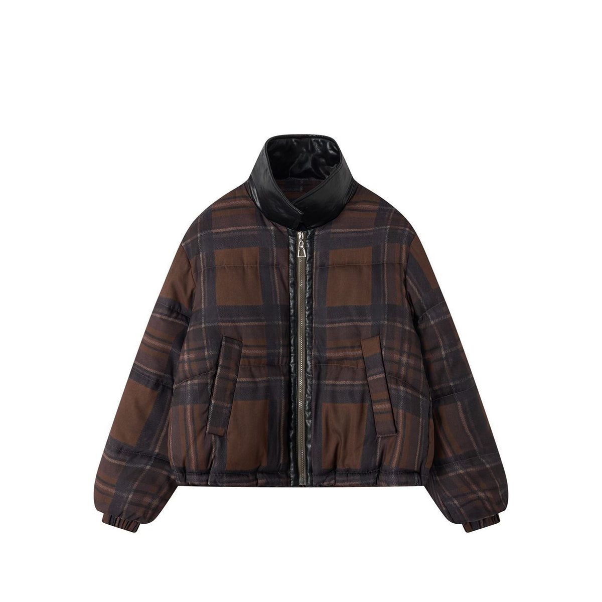 Loose-fit Stand-collar Plaid Padded Coat For Women