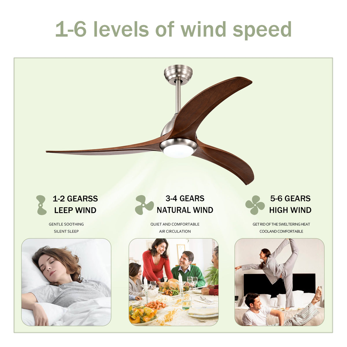 52" Solid Wood Blades Ceiling Fan With Light and Remote Control
