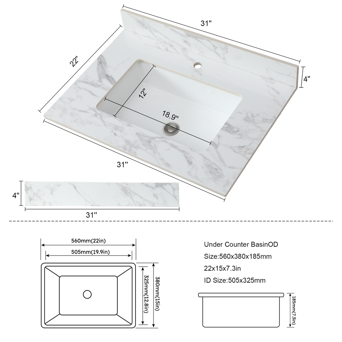 31"x22" Bathroom Vanity Top in Sintered Stone Carrara