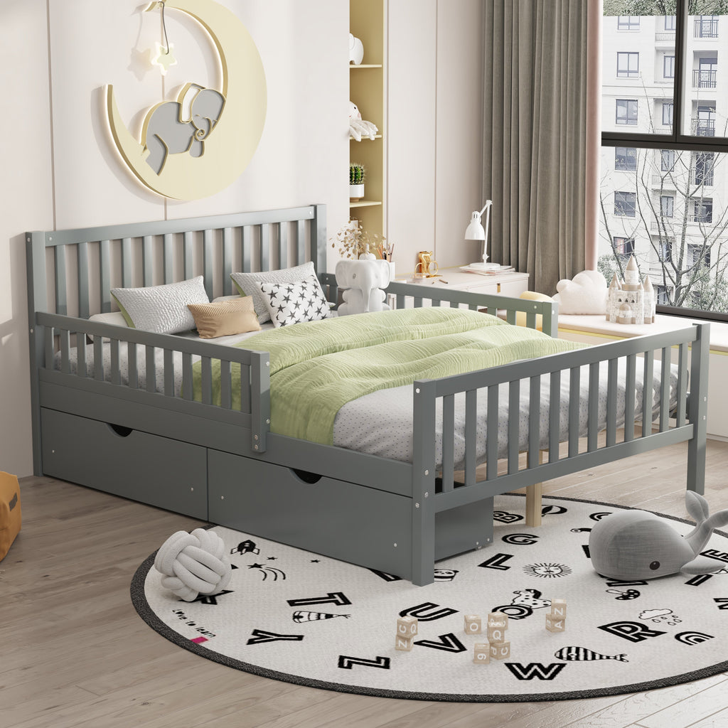 Full Size Wood Platform Bed with Guardrails on Both Sides and Two Storage Drawers