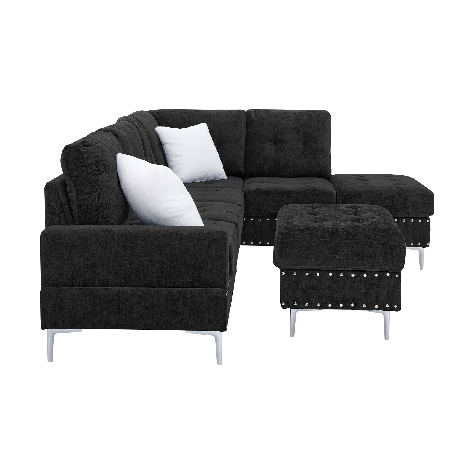 L-Shaped Chenille Sectional Sofa with Chaise and Storage Ottoman
