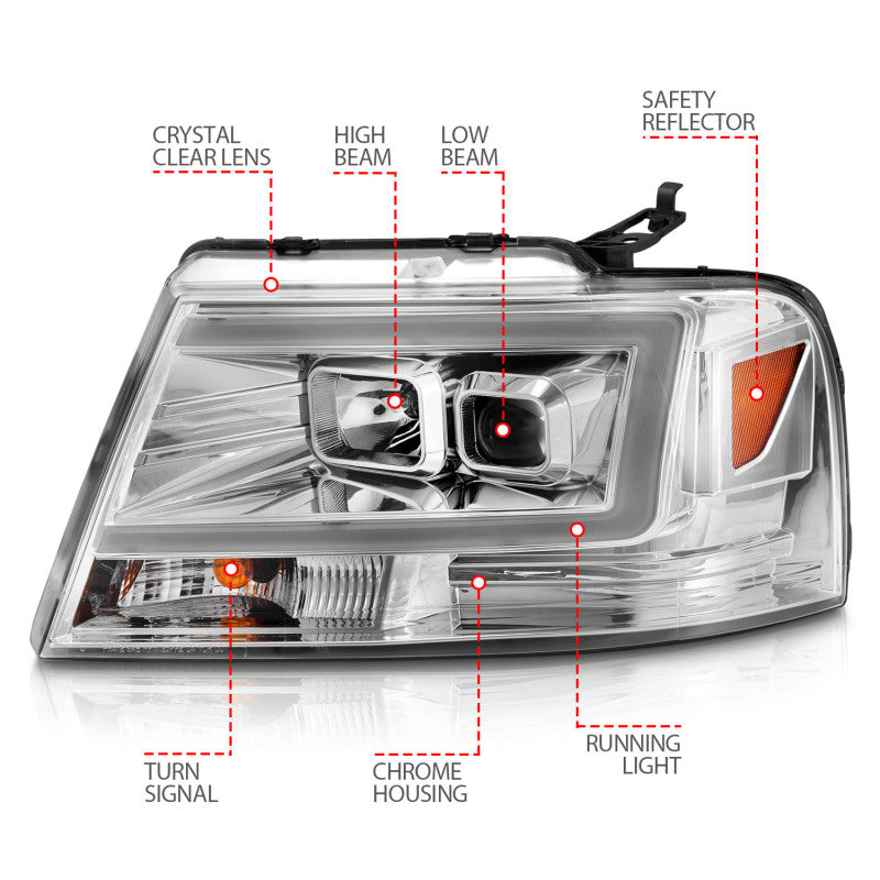 ANZO 2004-2008 Ford  F-150 Projector Headlights w/ Light Bar Chrome Housing 111542