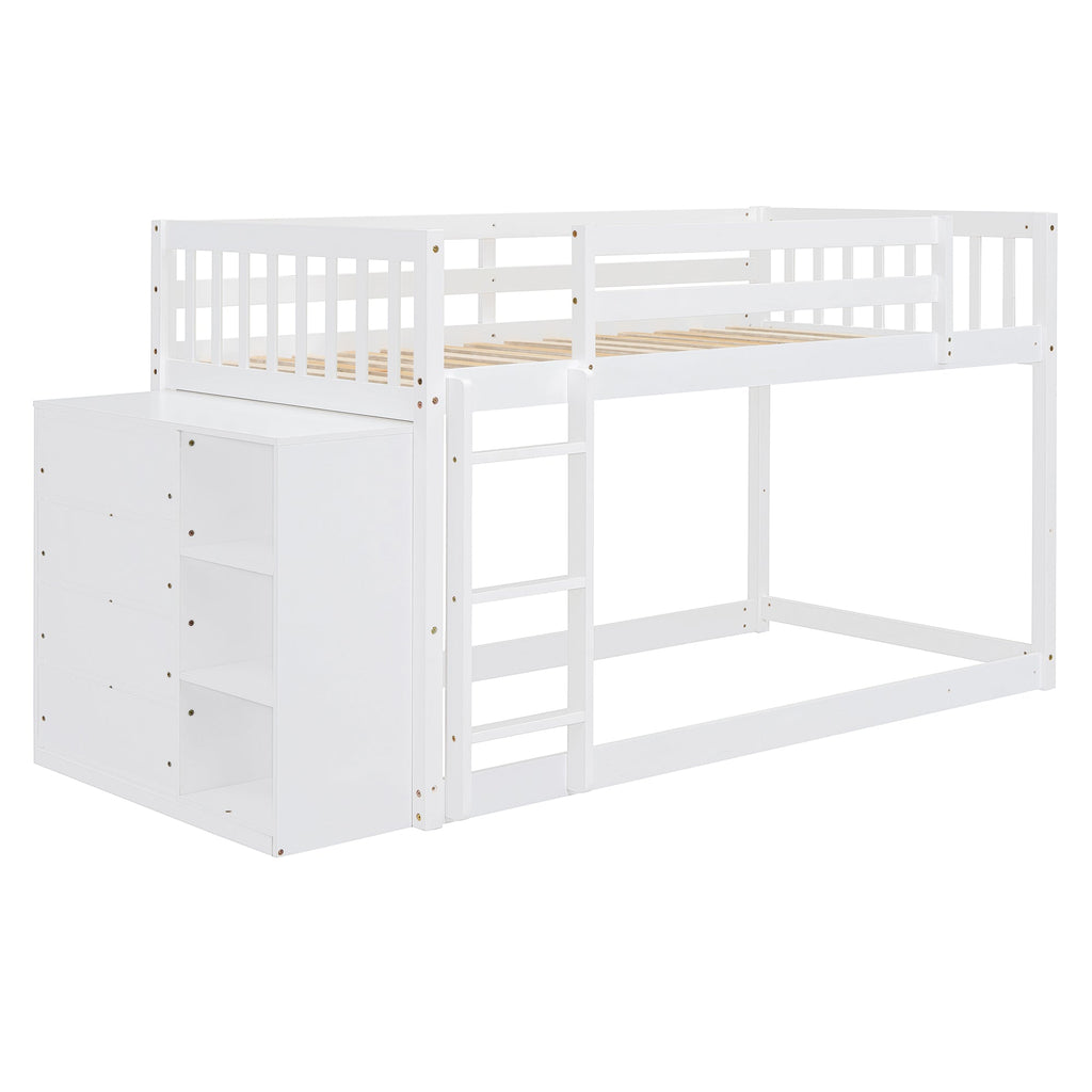 Twin Over Twin Bunk Bed with 4 Drawers and 3 Shelves - White