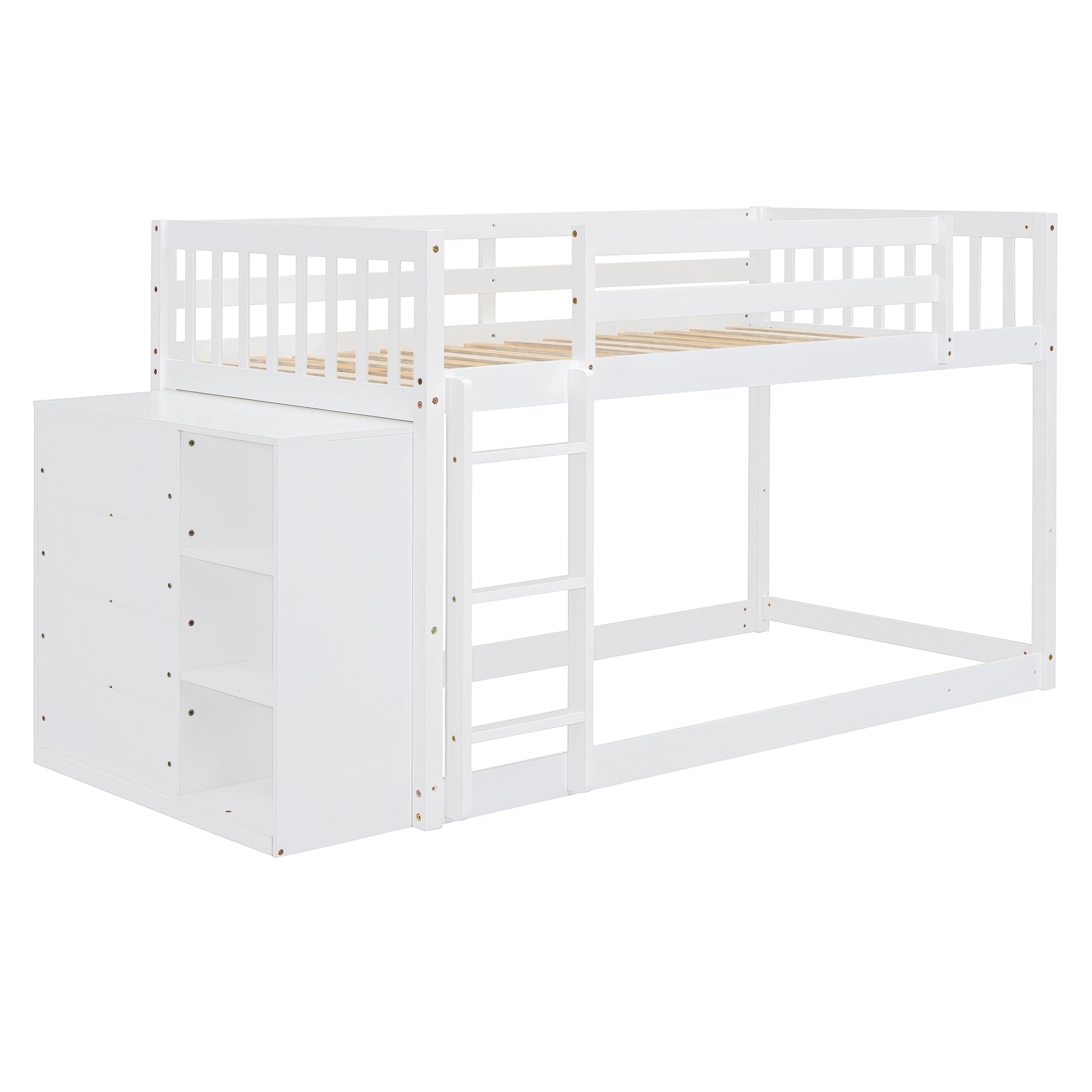 Twin Over Twin Bunk Bed with 4 Drawers and 3 Shelves - White