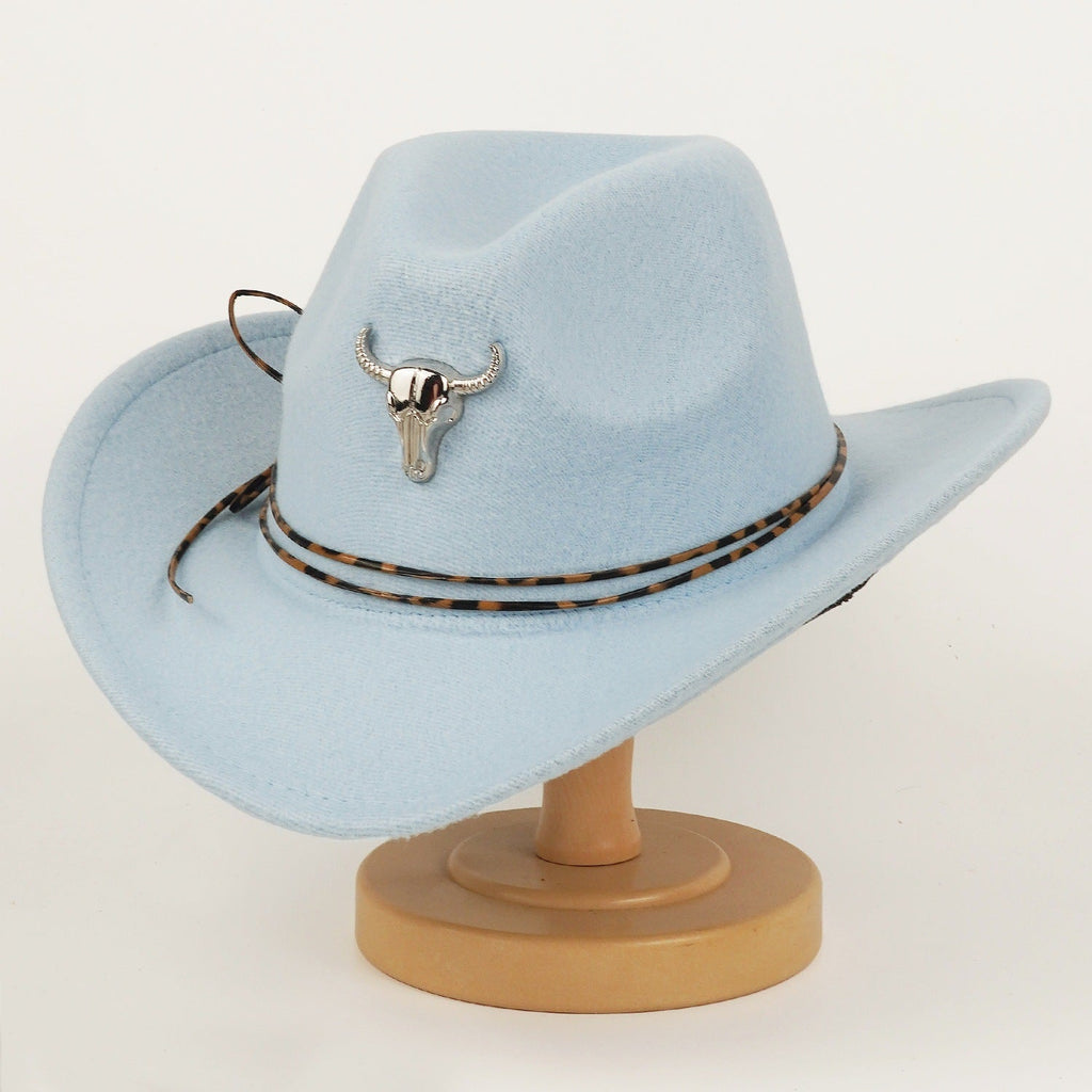 Western Cowboy Hat For Men And Women Metal Bull-Head Wool Cavalry Cap Top Hat