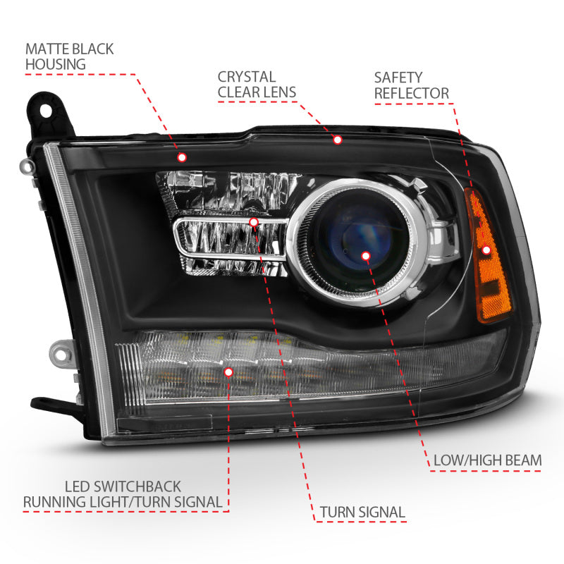 ANZO 2009-2018 Dodge Ram 1500 Projector Headlights Plank Style Halo w/Switchback Matte Black 111489