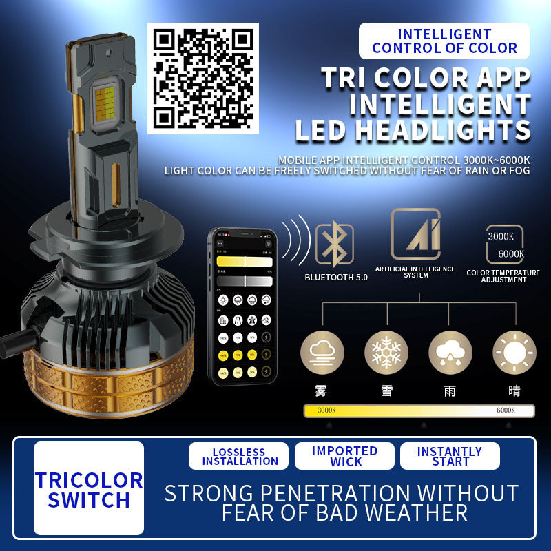 200W Three Color All In One Car LED Headlight APP Controlled Auto Headlamp  3000K 4300K 6000K LED Bulb