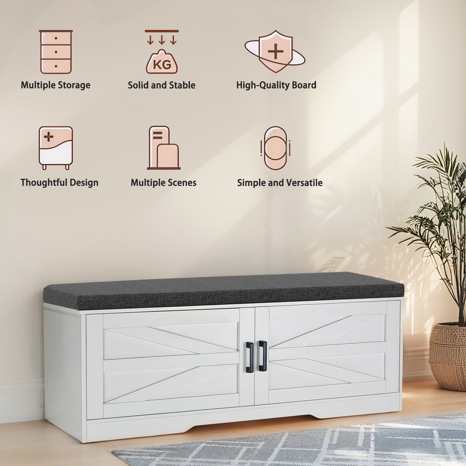 2-Tier Storage Bench with Padded Seat Cushion