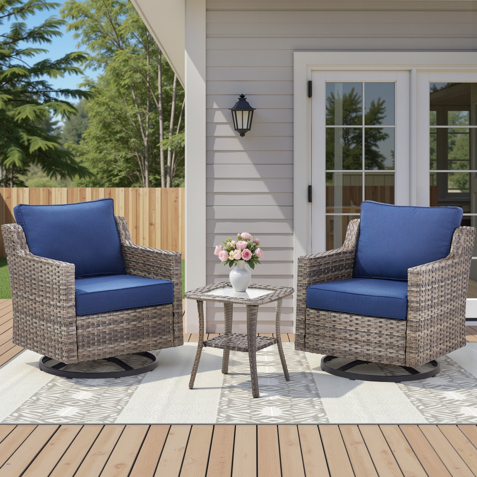 Swivel Outdoor Chairs Set of 2 with Glass-Top Side Table