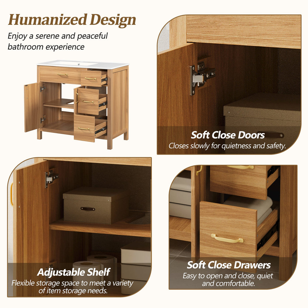 36" Wood Bathroom Vanity with Solid Wood Frame