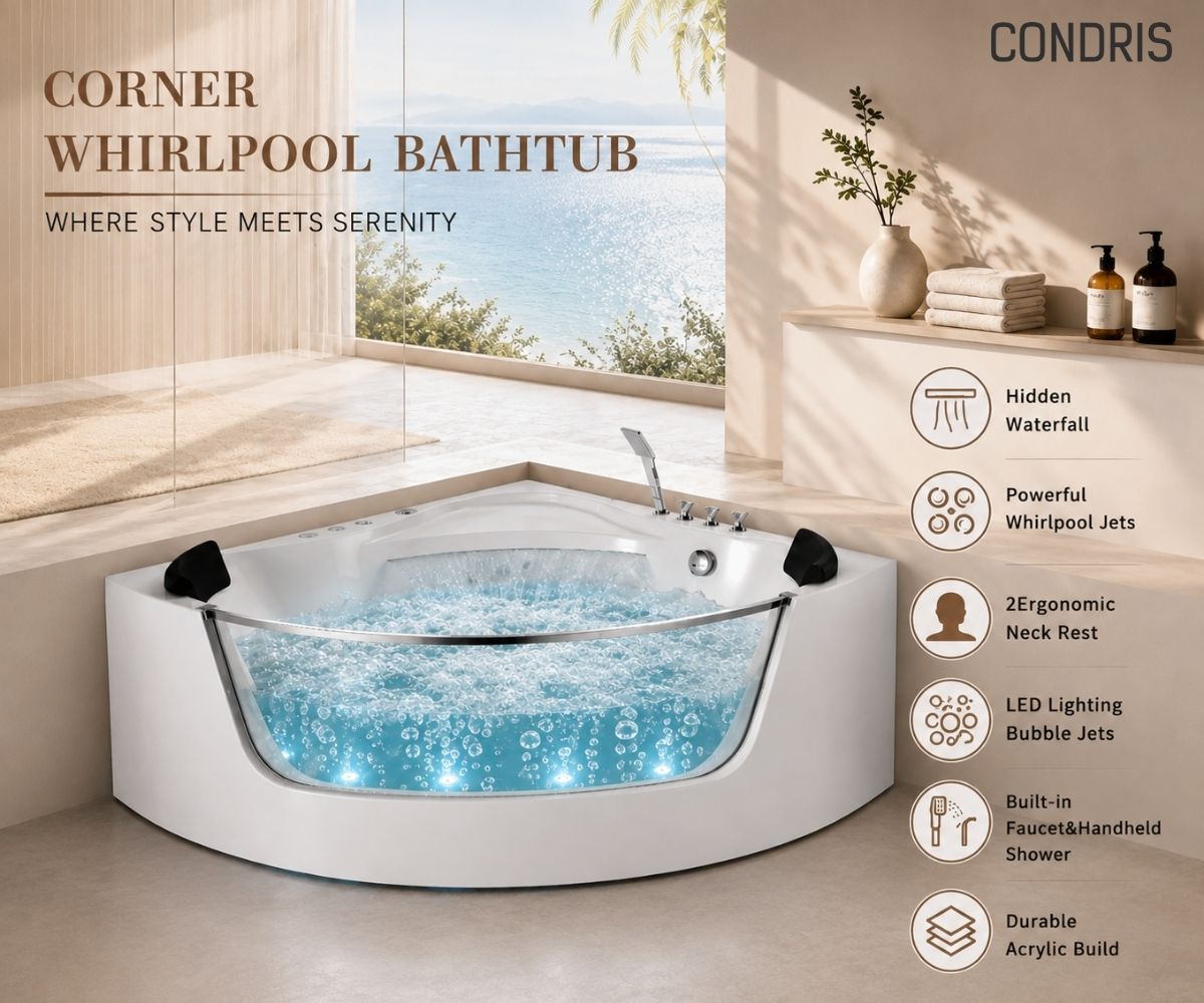 59" Corner Whirlpool Bathtub for 2-Person, Luxury Jetted Spa Tub