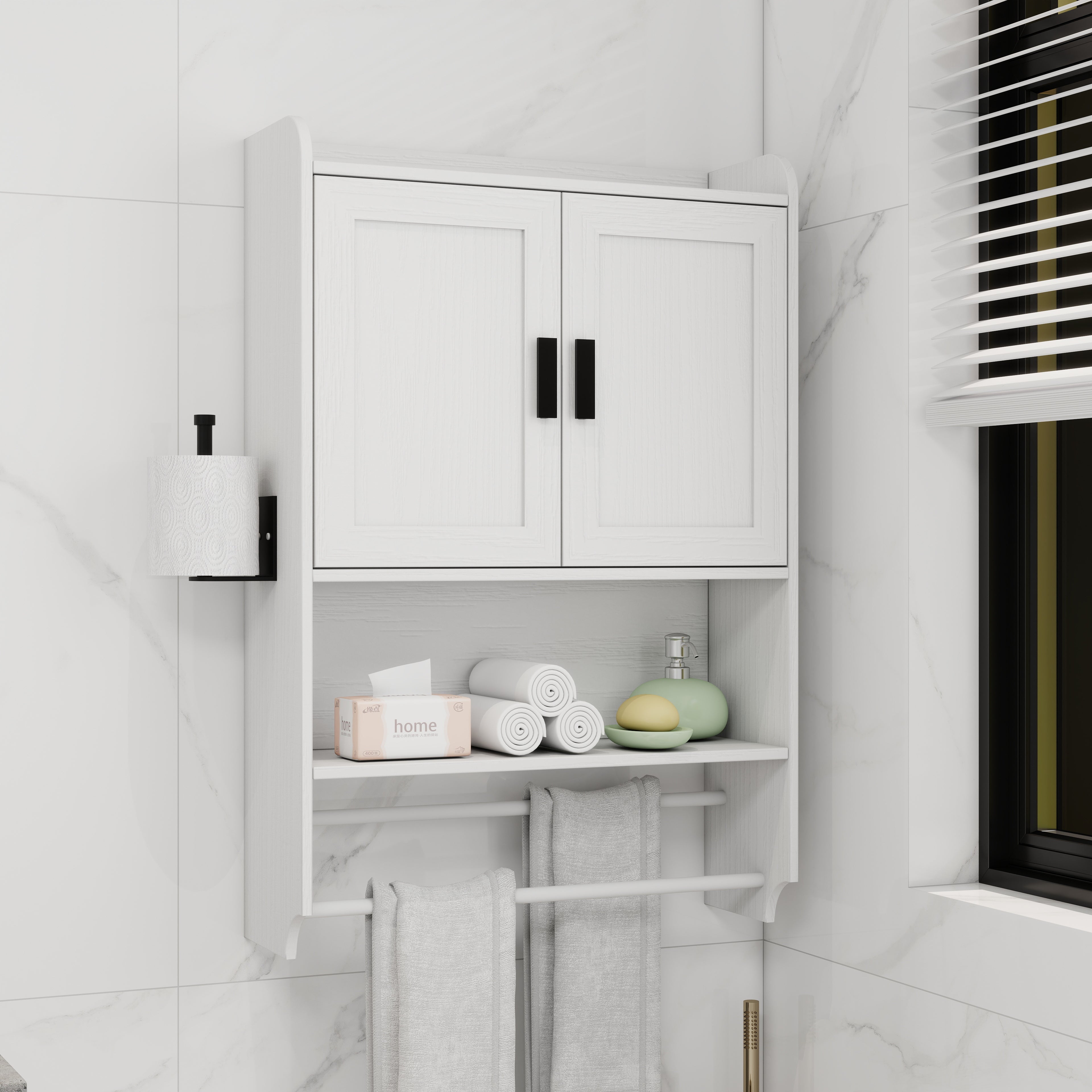 Bathroom Wall Cabinet with Doors, Adjustable Shelf, Towel Bar and Paper Holder