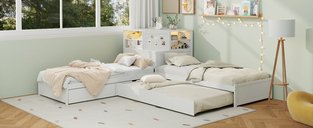 L-Shaped Combination Twin Bed Frame with Trundle and Drawer