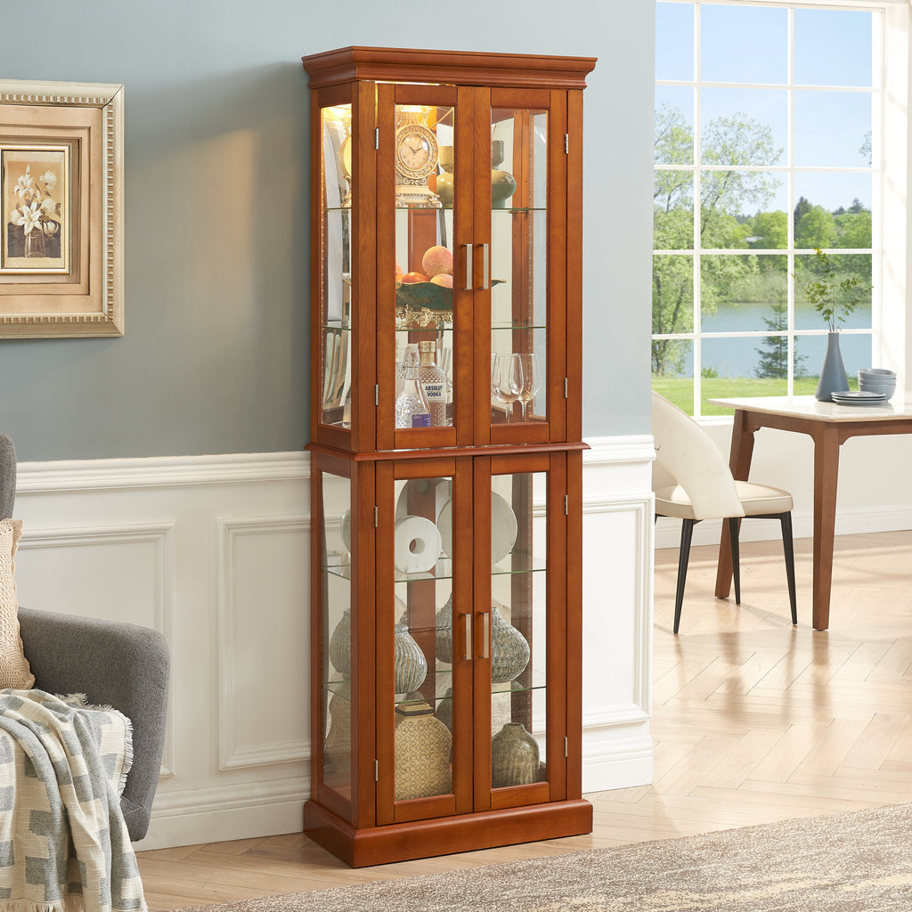 Lighted Curio Cabinet with Adjustable Shelves and Mirrored Back Panel