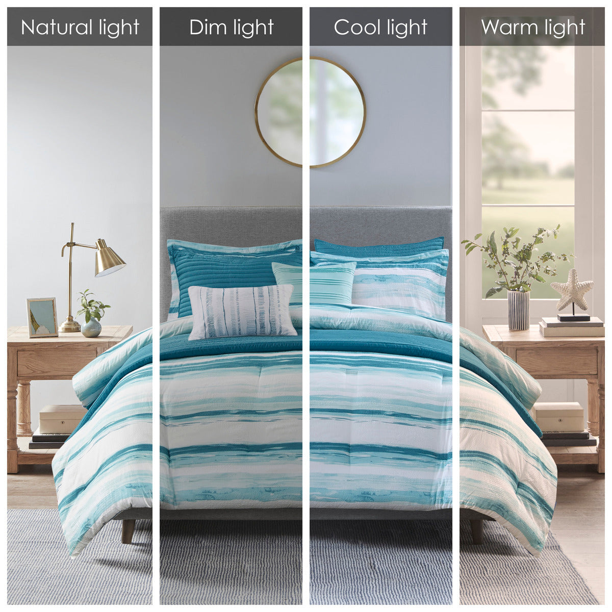 8 Piece Printed Seersucker Comforter and Quilt Set Collection Aqua King/Cal King