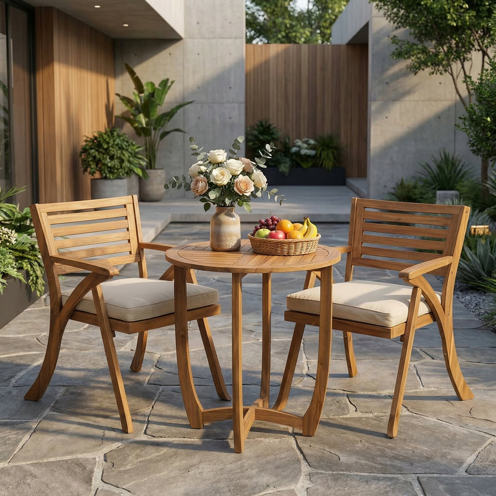 Outdoor Hermosa 3 Pieces KD Wood Dining Set With Cushions