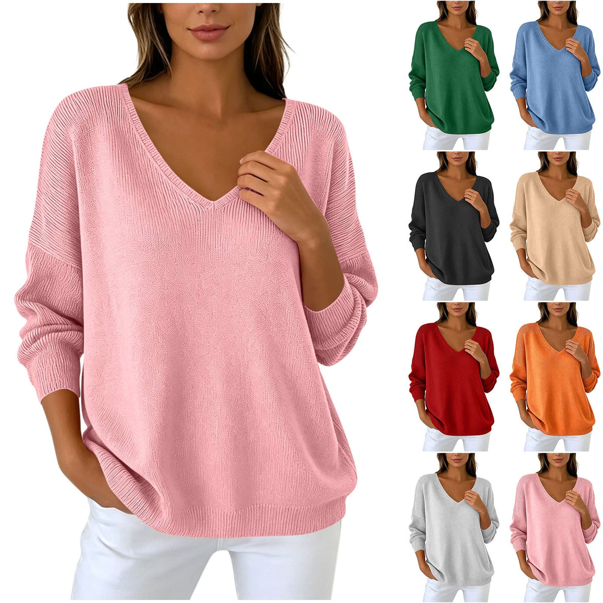 Autumn Winter Women's V-neck Long Sleeved Knitted Sweater Large Loose Shoulder Solid Color Top For Women
