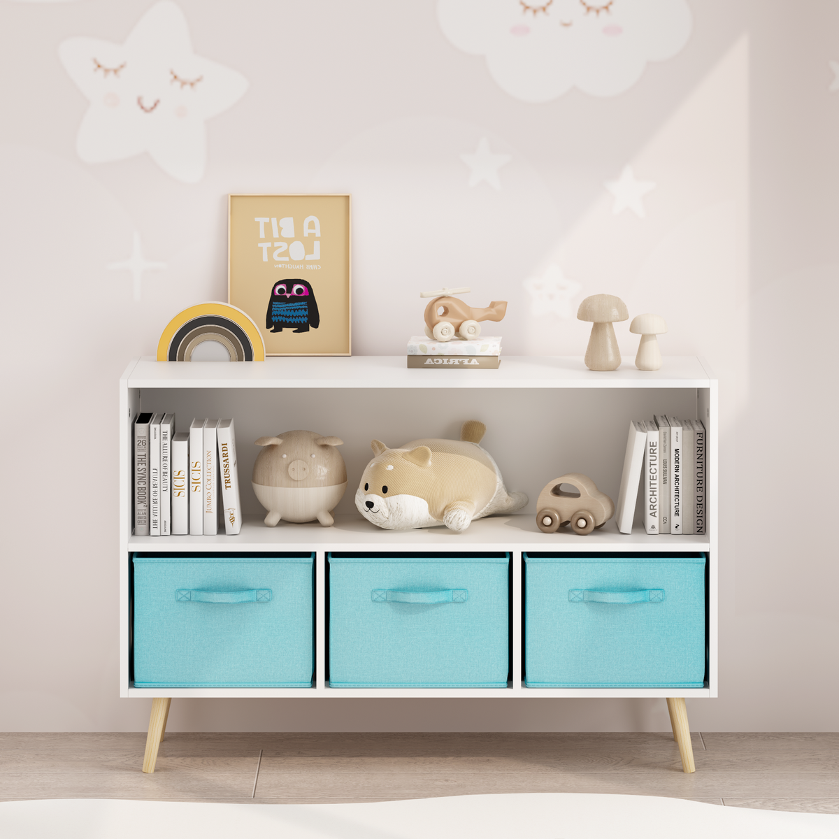 Kids Bookcase with Collapsible Fabric Drawers