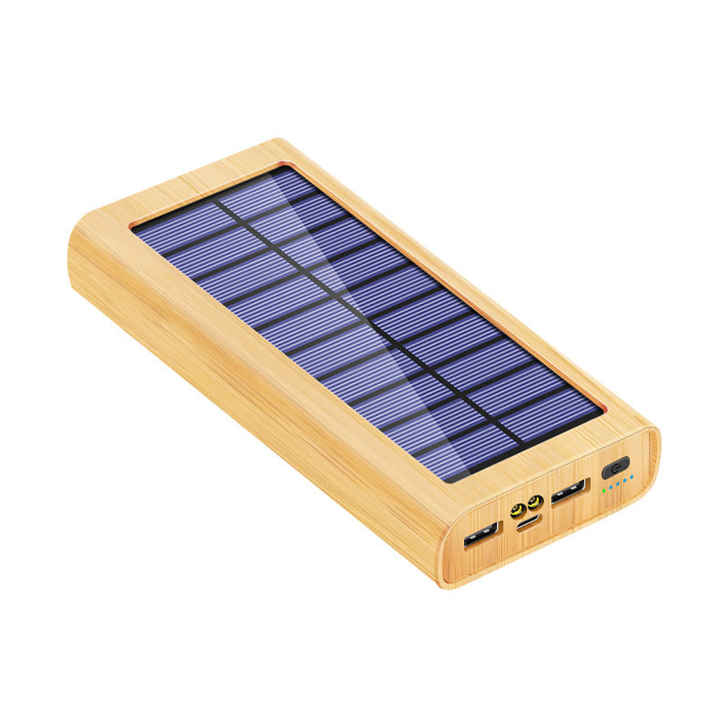 Solar-powered Wood-grain Power Bank Outdoor Portable Charger With LED Light